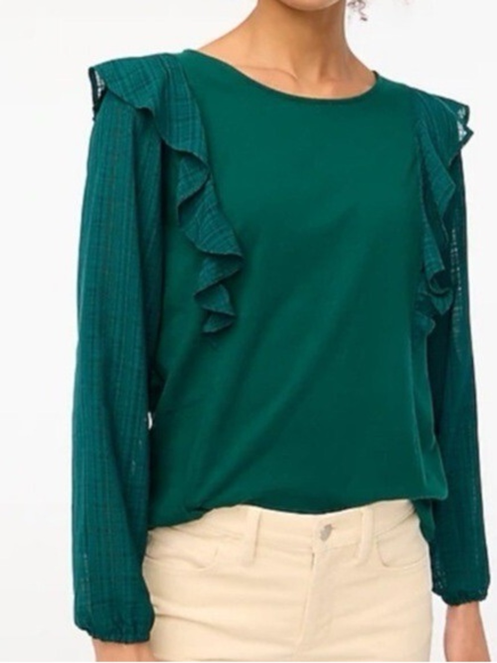 J.Crew Factory Academic Green ruffle-shoulder top with plaid jacquard sleeves